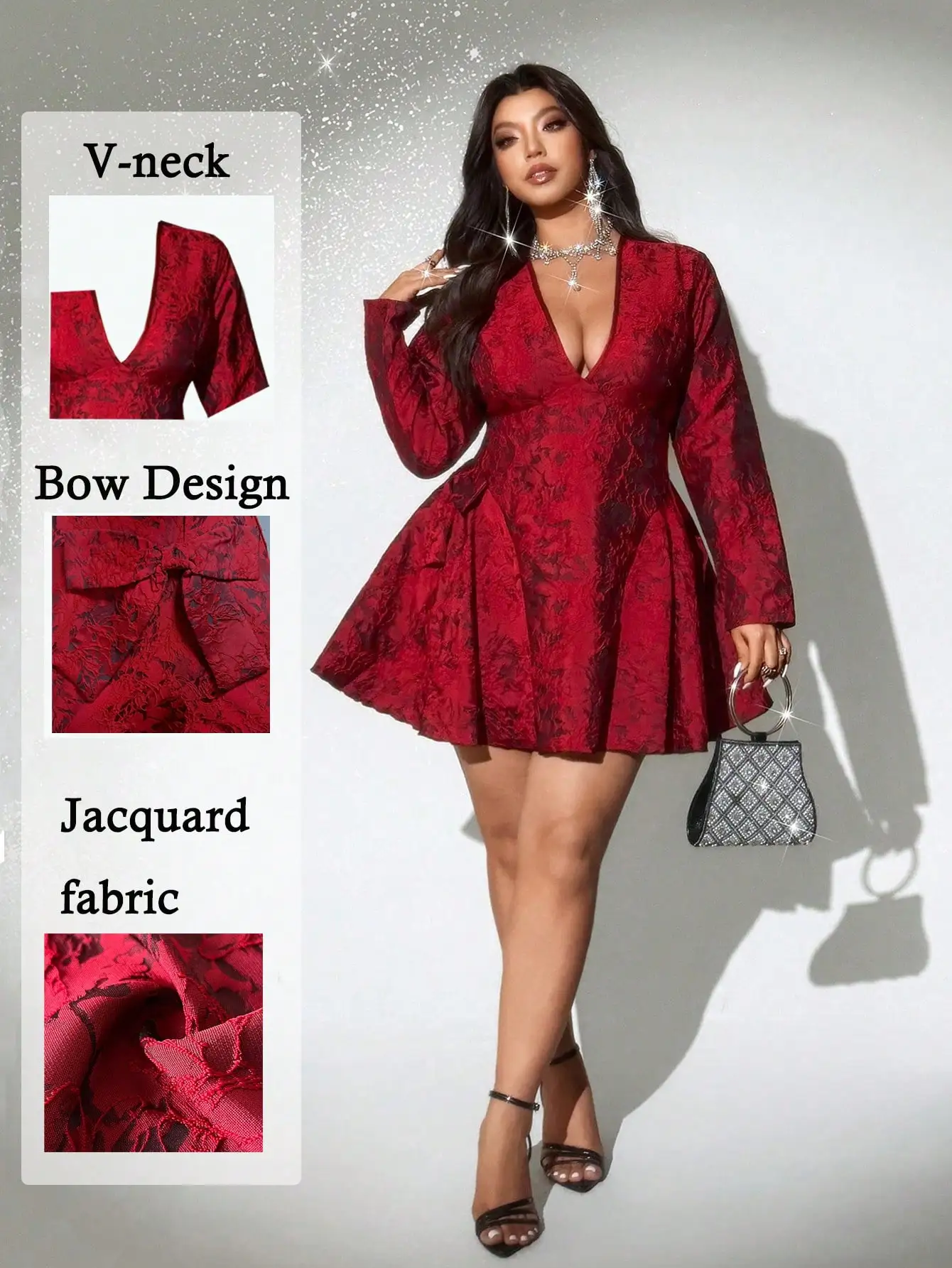 Burgundy V-Neck Long Sleeve Jacquard Dress with Bow Detail, A-Line Mini Skirt
Burgundy V-Neck Long Sleeve Jacquard Dress with Bow Detail, A-Line Mini Skirt