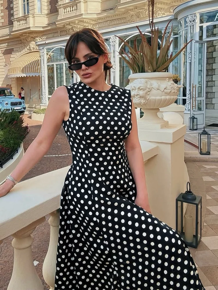 Polka Dot Printed Long Dress Women Summer O Neck Sleeveless Black Dress Elegant Maxi A-line New in Vestidos Spring Dress
Polka Dot Printed Long Dress Women Summer O Neck Sleeveless Black Dress Elegant Maxi A-line New in Vestidos Spring Dress
