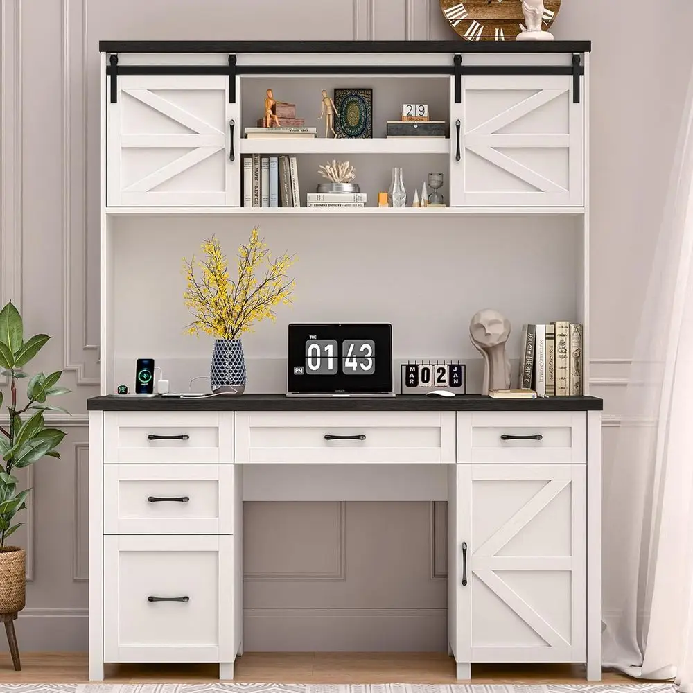 67 High Executive Desk with Hutch, 5-Drawer Desks, Storage Cabinet Computer Desk and Charging Station, Black Wooden Workstation
67 High Executive Desk with Hutch, 5-Drawer Desks, Storage Cabinet Computer Desk and Charging Station, Black Wooden Workstation