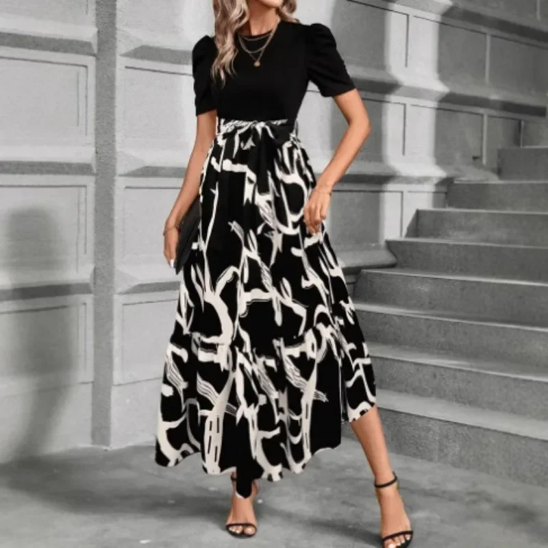 Ladies Vintage Print Long Dress 2025 Summer New Round Neck Short Sleeves Dress Patchwork Printed Strap Bow Foreign Style Dresses
Ladies Vintage Print Long Dress 2025 Summer New Round Neck Short Sleeves Dress Patchwork Printed Strap Bow Foreign Style Dresses