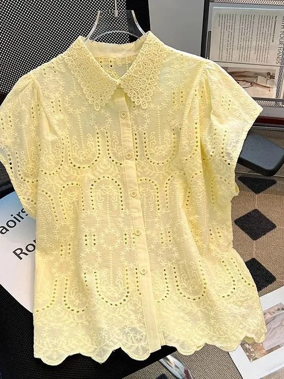 Sweet Lace Hollow out Heavy Embroidery Collar Women's Shirt Summer New Design Anti-Aging Top Korean Style Loose Fit Short Sleeve
Sweet Lace Hollow out Heavy Embroidery Collar Women's Shirt Summer New Design Anti-Aging Top Korean Style Loose Fit Short Sleeve