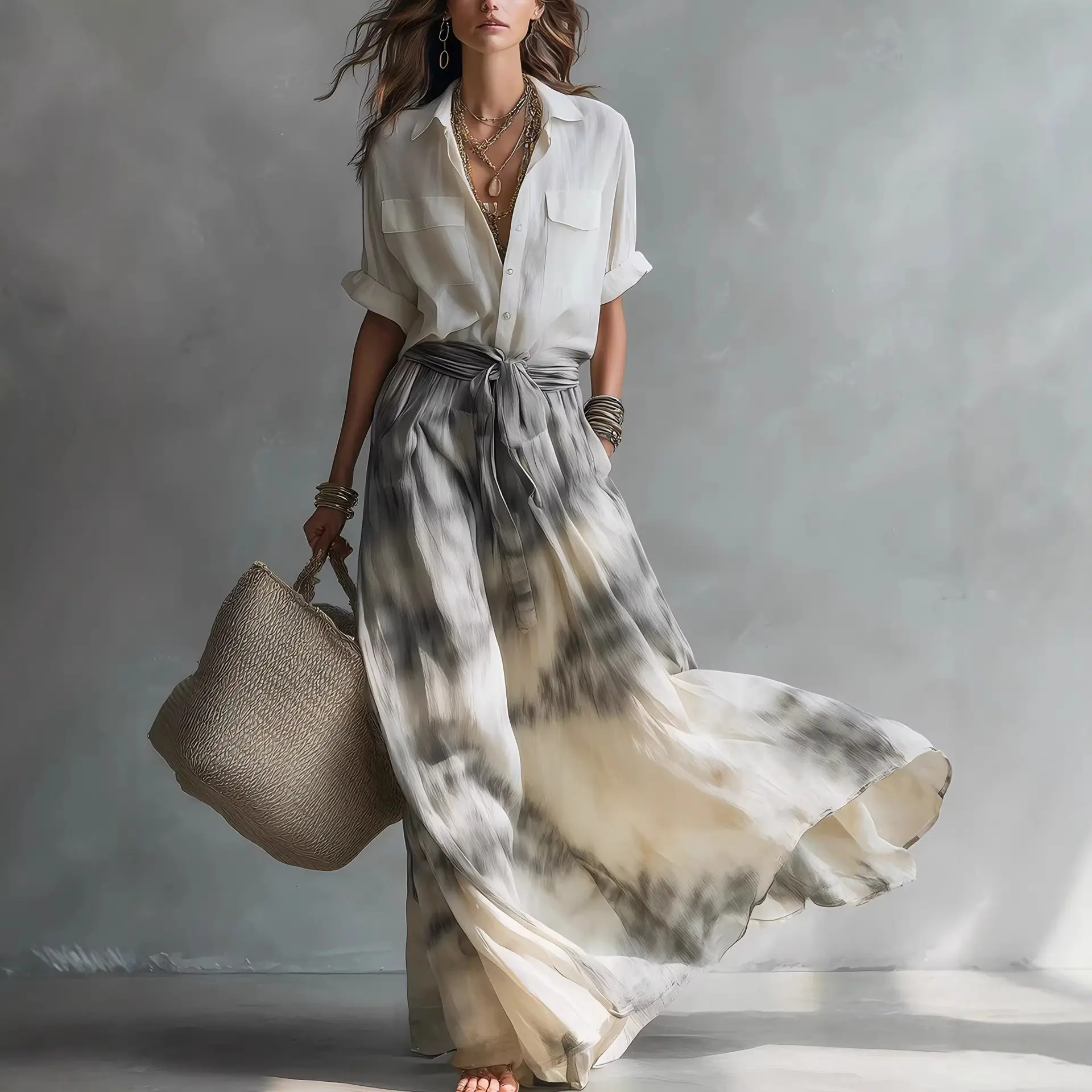 Vacation Outfits Women's Two Piece Set Long Sleeve Single Breasted Lapel Collar Shirt Tops & Tie Dye High Waist Maxi Skirt Set
Vacation Outfits Women's Two Piece Set Long Sleeve Single Breasted Lapel Collar Shirt Tops & Tie Dye High Waist Maxi Skirt Set