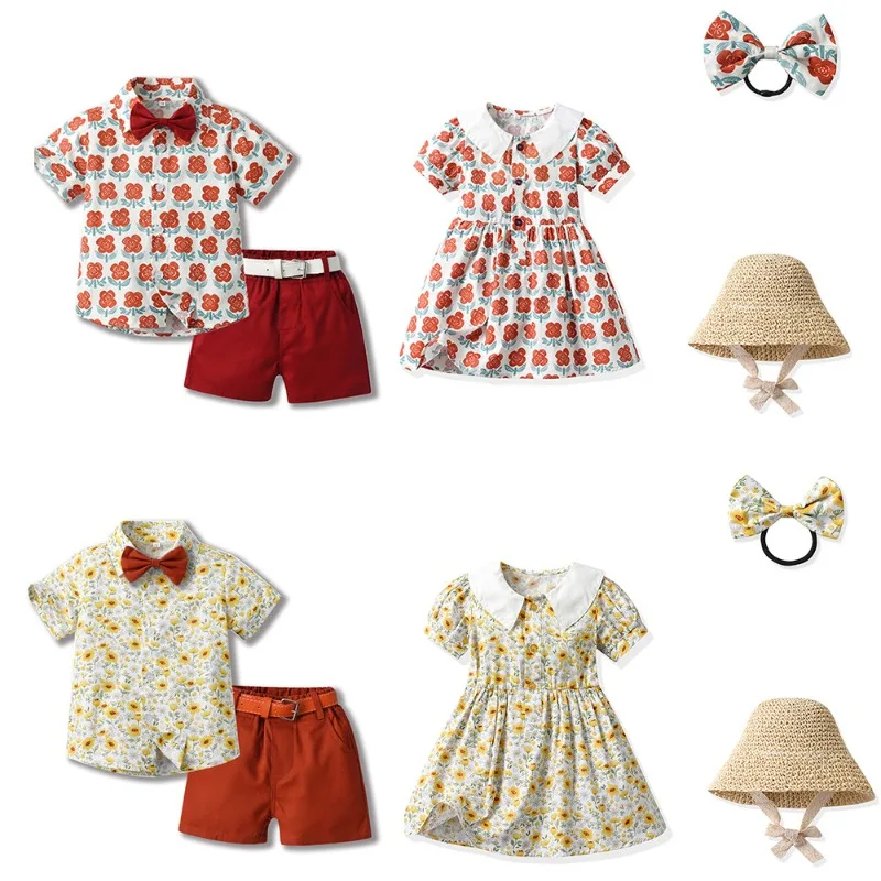 Brothers and Sisters Dress Boys' Short Sleeved Flower Shirt Shorts Girls' Straw Hat Dress Children's Clothes Set Summer Wear
Brothers and Sisters Dress Boys' Short Sleeved Flower Shirt Shorts Girls' Straw Hat Dress Children's Clothes Set Summer Wear