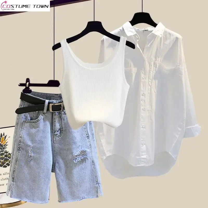 Spring/Summer Set Women's 2024 New Korean Sunscreen Shirt Slimming Tank Top Versatile Denim Shorts Three Piece Set
Spring/Summer Set Women's 2024 New Korean Sunscreen Shirt Slimming Tank Top Versatile Denim Shorts Three Piece Set