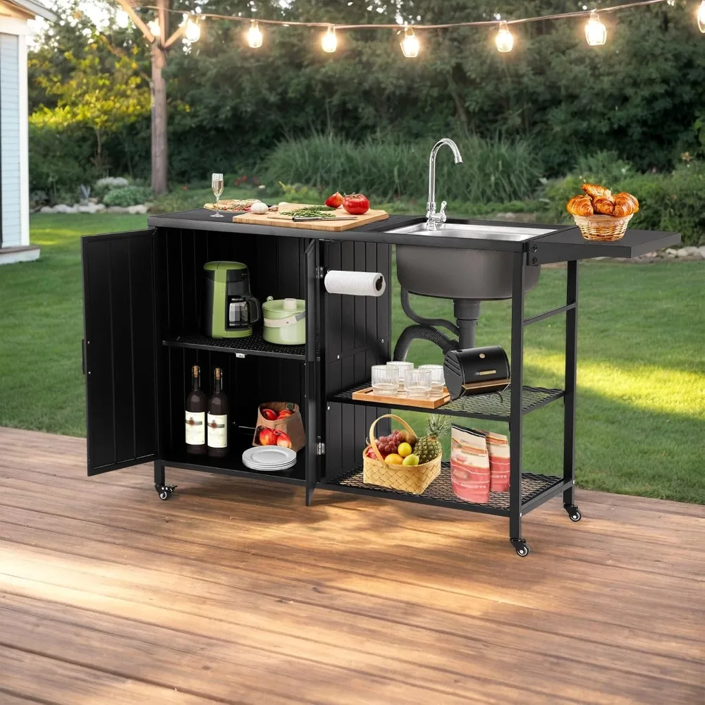 Outdoor Grill Cart with Sink, Outdoor Kitchen Island with Storage Cabinet, Bar Cart Grill Station with Foldable Side Table and W
Outdoor Grill Cart with Sink, Outdoor Kitchen Island with Storage Cabinet, Bar Cart Grill Station with Foldable Side Table and W