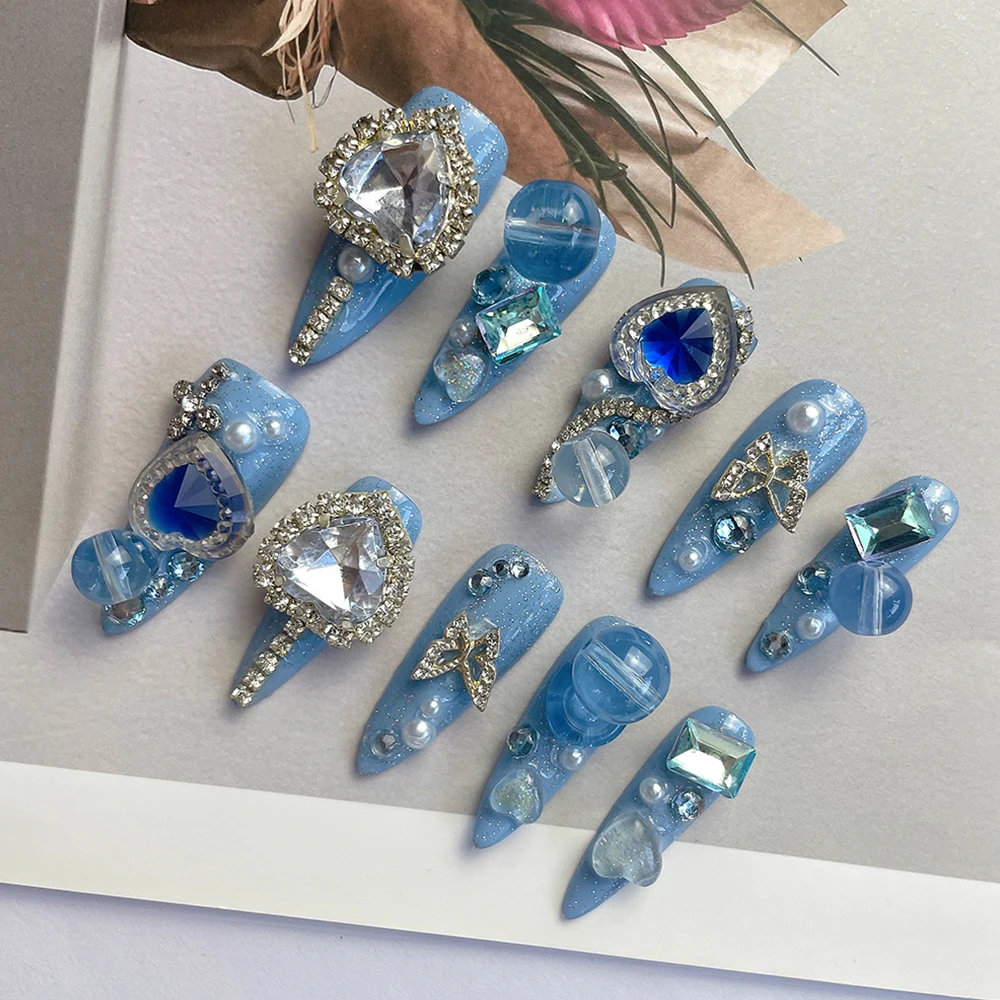 Blue Series Luxury Diamond Pure Handmade Press On Nail Metal Butterfly Heart Rhinestone Detachable Nail Party Stickers Ring Set
Blue Series Luxury Diamond Pure Handmade Press On Nail Metal Butterfly Heart Rhinestone Detachable Nail Party Stickers Ring Set