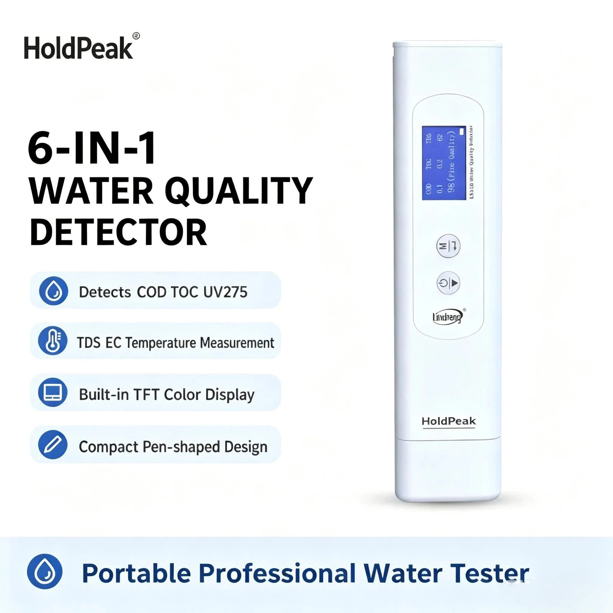 Mutile-Water Quality Detector Pen, COD TOC UV275 TDS Conductivity Temp Tester, Color Screen Water Grade Analyzer for Water Test
Mutile-Water Quality Detector Pen, COD TOC UV275 TDS Conductivity Temp Tester, Color Screen Water Grade Analyzer for Water Test