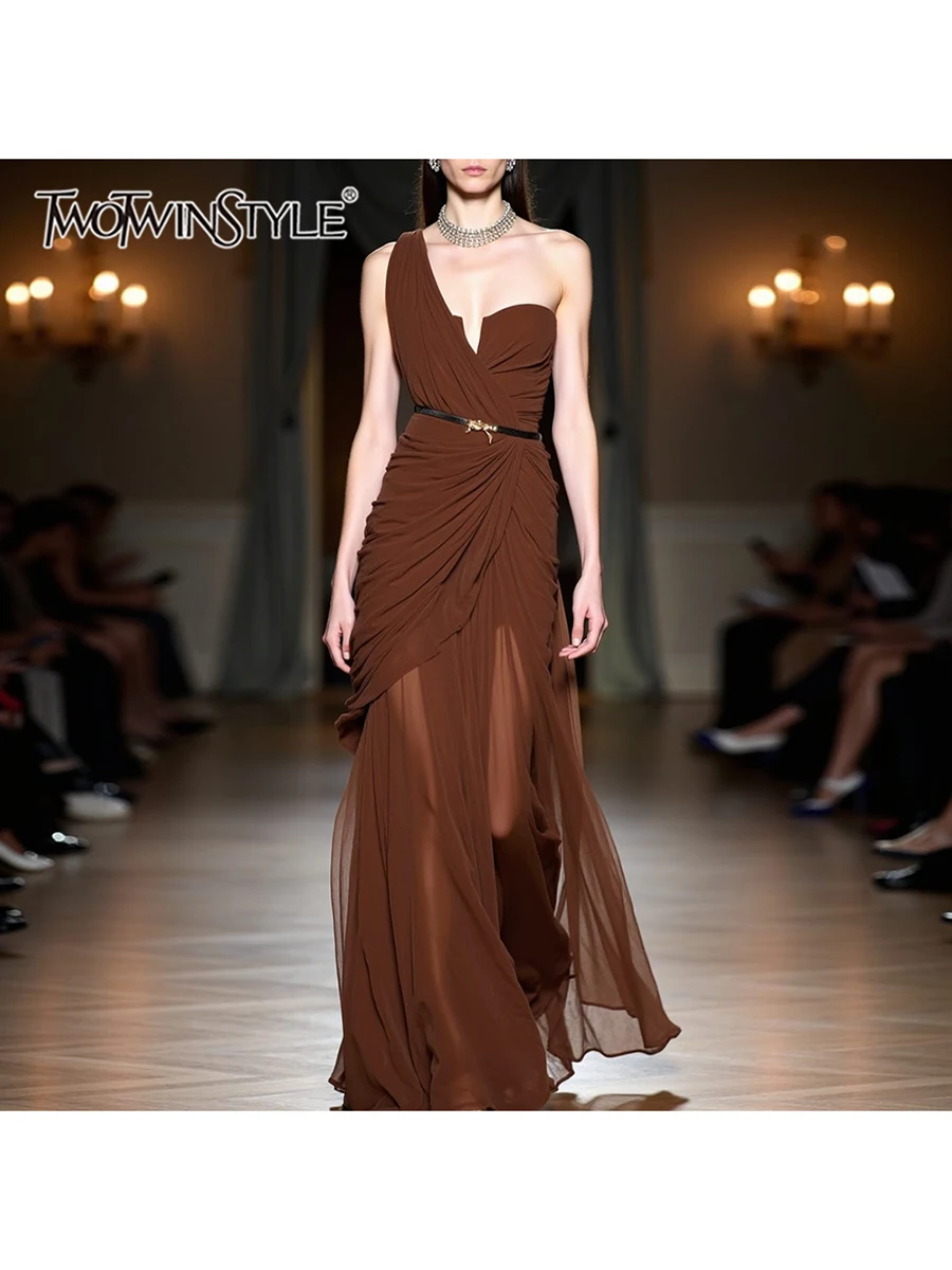 TWOTWINSTYLE Solid Spliced Mesh Slimming Dresses For Women Irregular Neck Sleeveless High Waist Temperament Dress Female Fashion
TWOTWINSTYLE Solid Spliced Mesh Slimming Dresses For Women Irregular Neck Sleeveless High Waist Temperament Dress Female Fashion