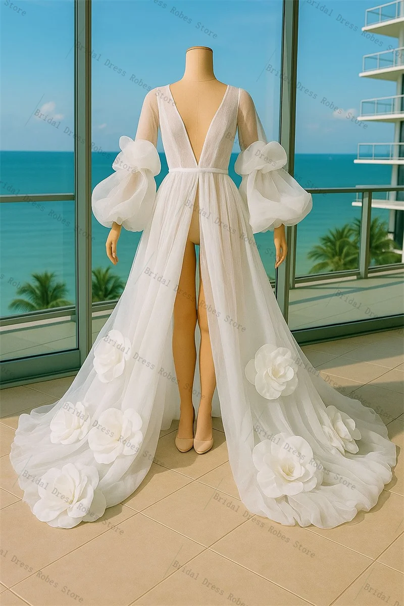 Sexy Sheer White Women Prom Dress For Photoshoot V Neck Belted Full Sleeves 3D Flower Bridal Morning Robe Customized Night Gown
Sexy Sheer White Women Prom Dress For Photoshoot V Neck Belted Full Sleeves 3D Flower Bridal Morning Robe Customized Night Gown
