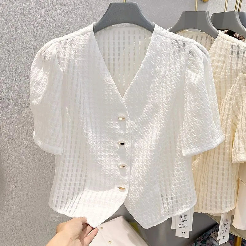 Temperament Slimming Solid Color Blouse Women Summer New V-neck Single Breasted Checkered Short Sleeved Thin Womens Shirt
Temperament Slimming Solid Color Blouse Women Summer New V-neck Single Breasted Checkered Short Sleeved Thin Womens Shirt