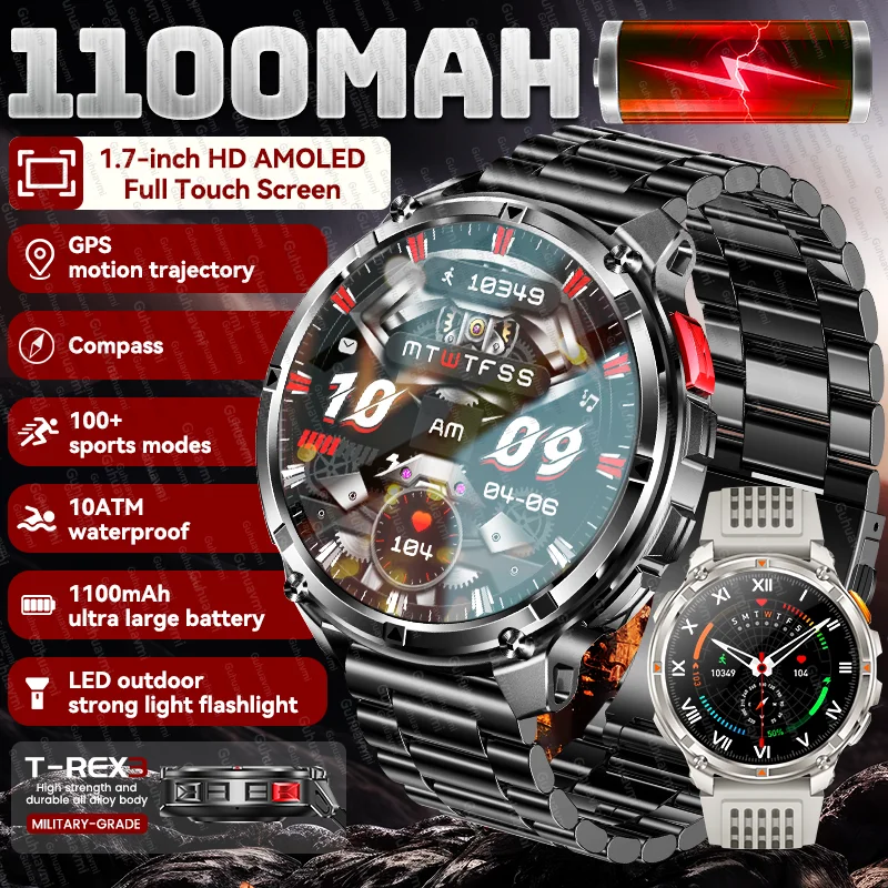 Military Men T-Rex3 Ultra GPS Track Smart Watch 1100mAh Battery Bluetooth Call Waterproof Flashlight Compass Outdoor Smartwatch
Military Men T-Rex3 Ultra GPS Track Smart Watch 1100mAh Battery Bluetooth Call Waterproof Flashlight Compass Outdoor Smartwatch
