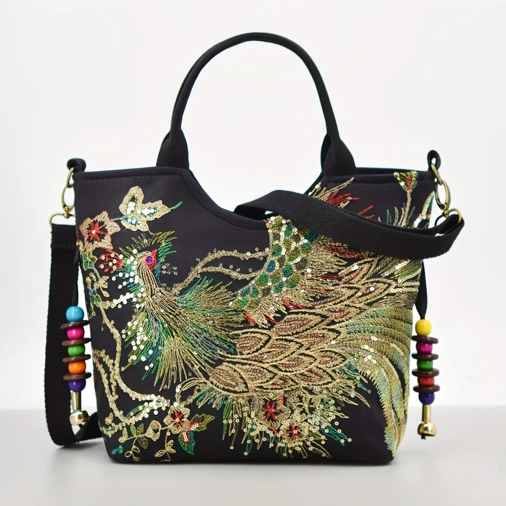Vintage Ethnic Peacock Sequins Embroidered Canvas Handbag for Women Boho Style Top Handle Tote Bag Casual Shoulder Crossbody Bag
Vintage Ethnic Peacock Sequins Embroidered Canvas Handbag for Women Boho Style Top Handle Tote Bag Casual Shoulder Crossbody Bag