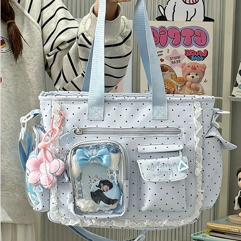 Cute Polka Dot Lace Trim Tote Bag Multi Pockets Large Capacity Nylon Shoulder Handbag Sweet School Transparent Underarm Purse
Cute Polka Dot Lace Trim Tote Bag Multi Pockets Large Capacity Nylon Shoulder Handbag Sweet School Transparent Underarm Purse