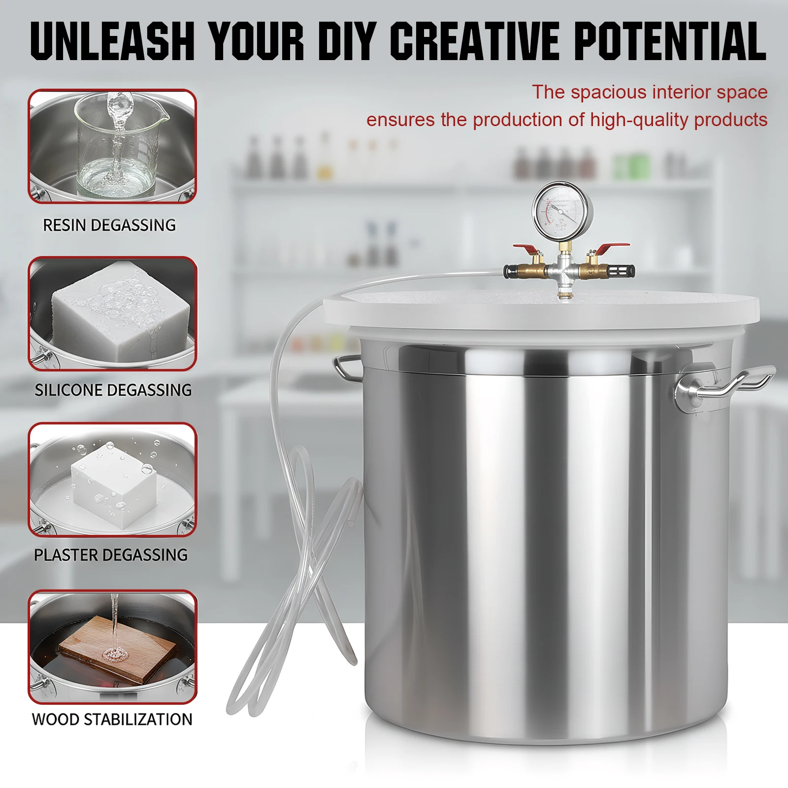 304 Stainless Steel Industrial Vacuum Degassing Barrel with Clear Lid Resin Defoaming Tank Without Pump for Wood Stabilization
304 Stainless Steel Industrial Vacuum Degassing Barrel with Clear Lid Resin Defoaming Tank Without Pump for Wood Stabilization