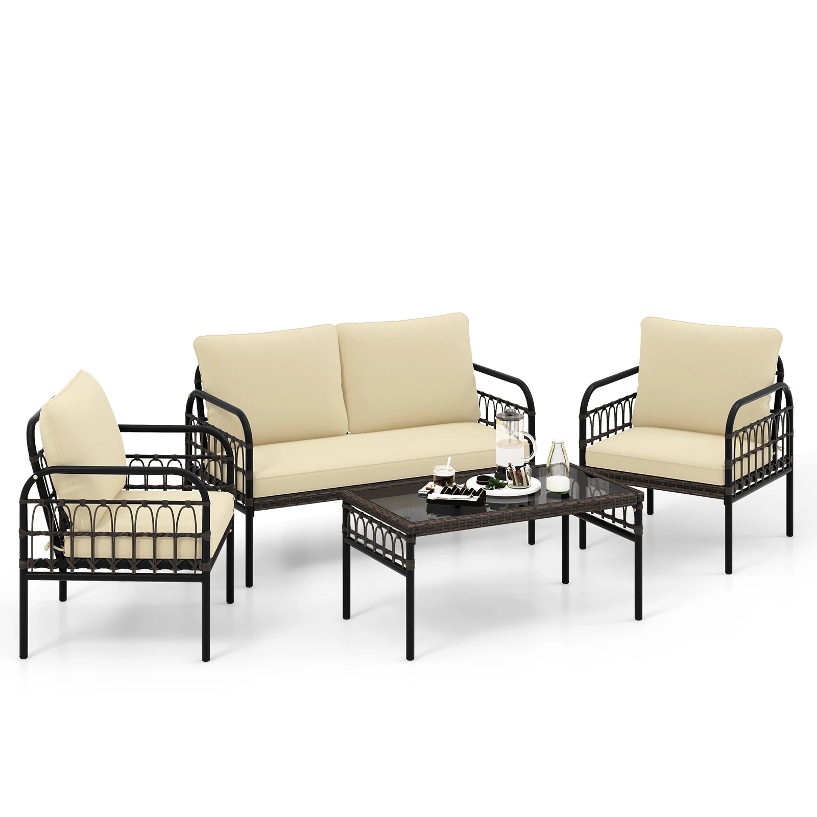 4 PCS Patio Furniture Set Outdoor Wicker Conversation Bistro Set with Soft Cushions 4 PCS Patio Furniture Set Outdoor Wicker Conversation Bistro Set with Soft Cushions