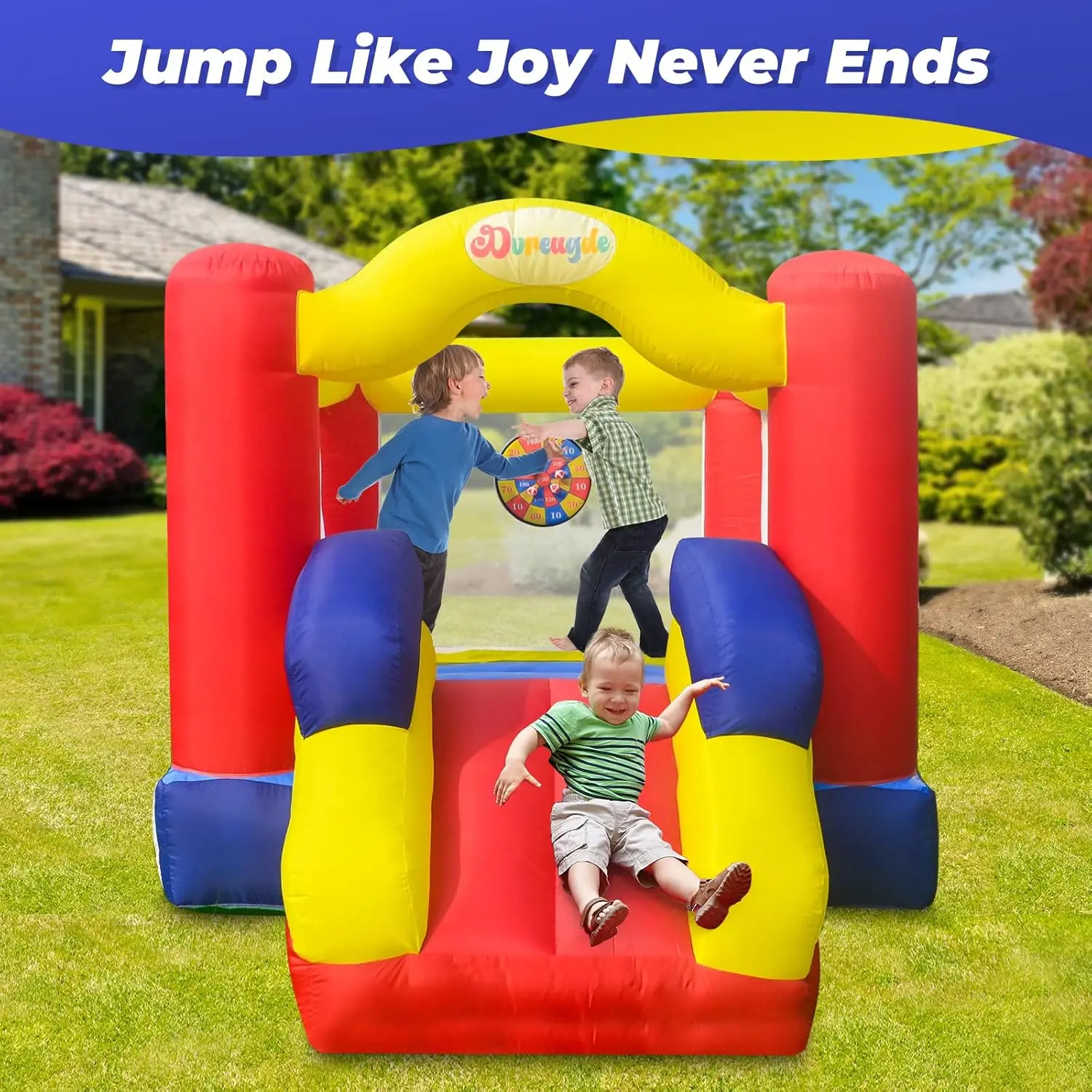 Outdoor Play Bounce House with Slide Inflatable Bouncer Backyard Playground Sets with Blower, Dart Target Game for Kids 6.6x9.6x5.8ft
Outdoor Play Bounce House with Slide Inflatable Bouncer Backyard Playground Sets with Blower, Dart Target Game for Kids 6.6x9.6x5.8ft