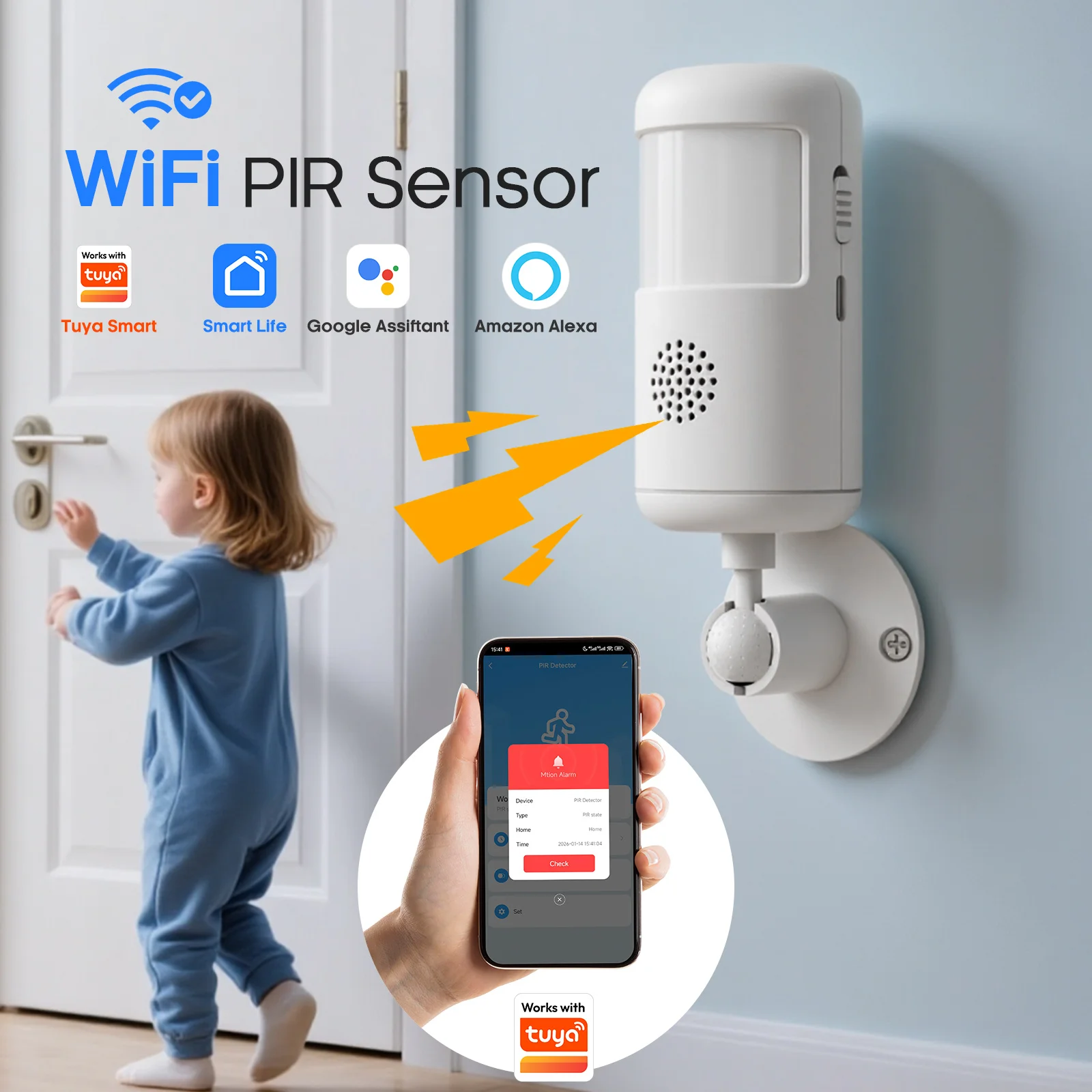 Tuya WiFi PIR Motion Sensor 120dB 4 Alarm Modes PIR Sensor Alarm Work With Amazon Alexa/Google Assistant