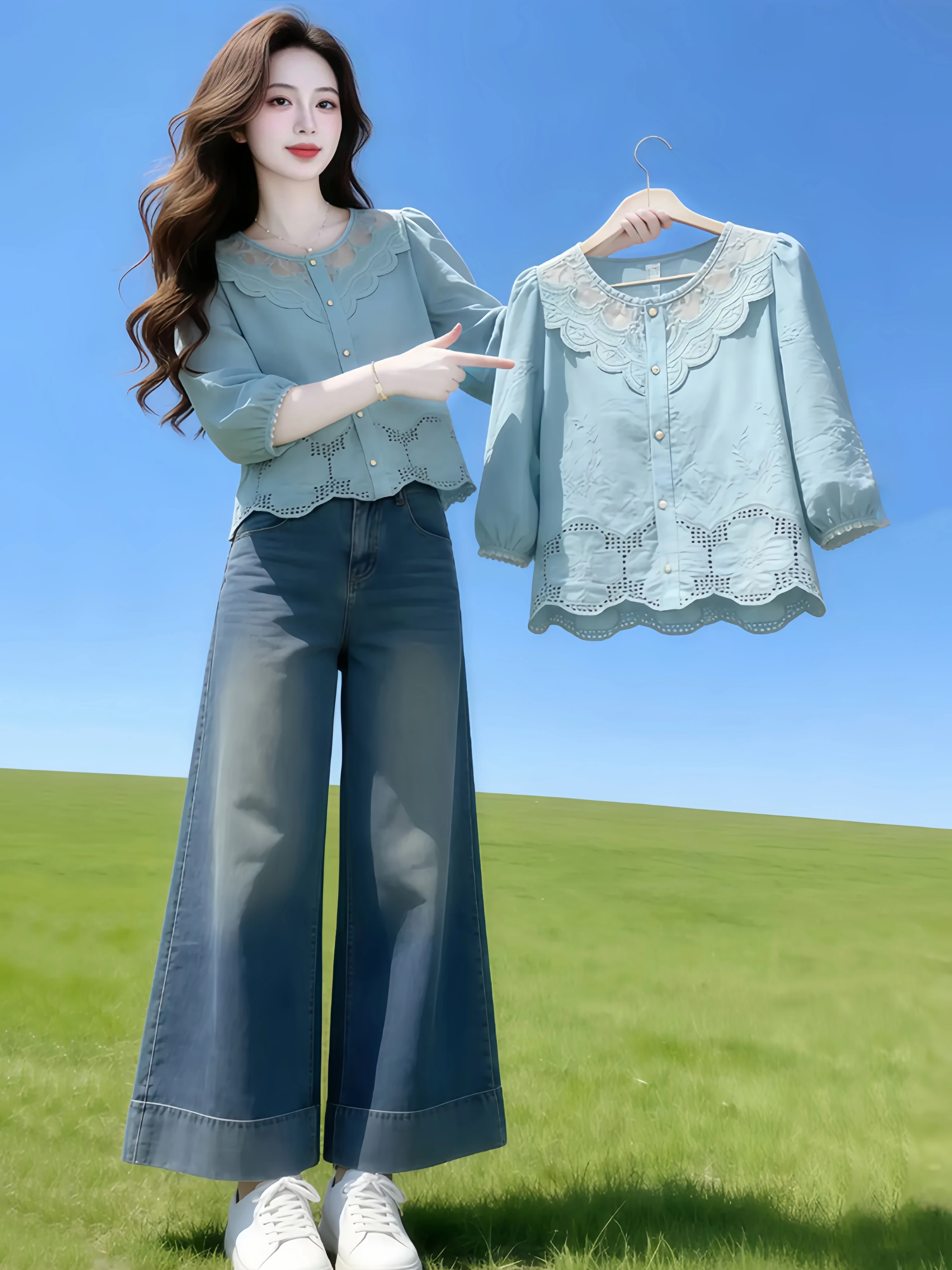Unique Lace Splice Hollow out Ladies Shirt Spring Autumn New Design Casual Loose Fit Long Sleeve round Neck Button up Top
Unique Lace Splice Hollow out Ladies Shirt Spring Autumn New Design Casual Loose Fit Long Sleeve round Neck Button up Top
