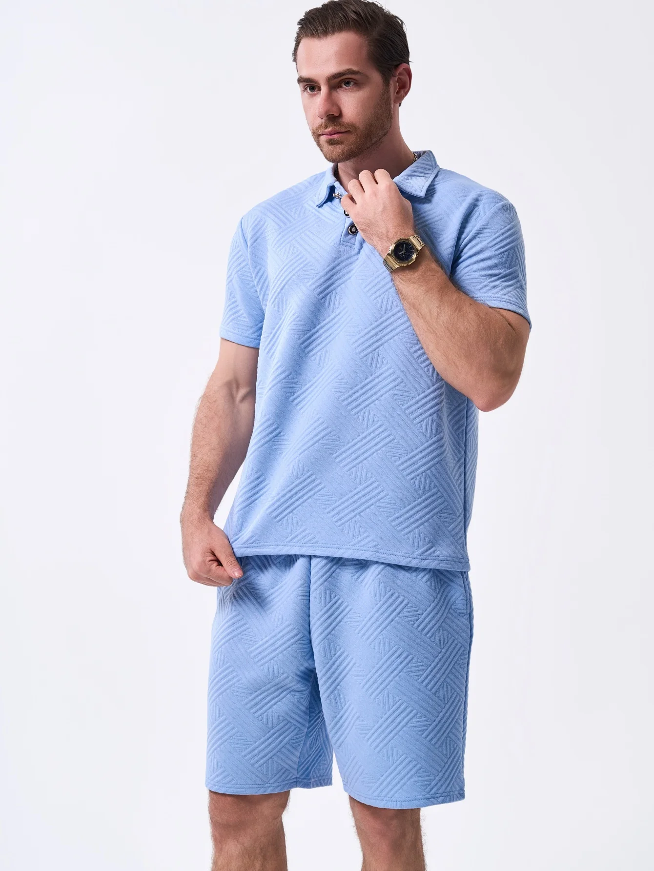 Men's Mature Casual Full Outfit: Summer Textured Polo Shirt + Casual Shorts Lazy Set
Men's Mature Casual Full Outfit: Summer Textured Polo Shirt + Casual Shorts Lazy Set