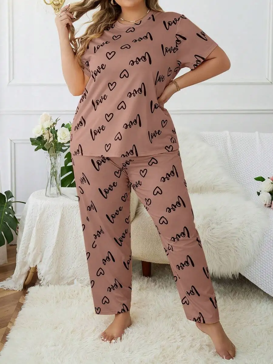 Women Plus Size Love Print Pajama Set Short Sleeve Top And Pants
Women Plus Size Love Print Pajama Set Short Sleeve Top And Pants
