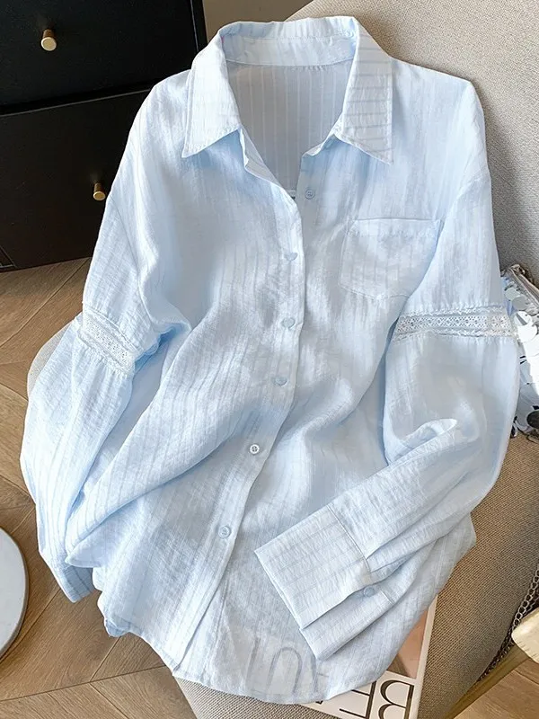 Lace Splice Striped Women's Summer Thin Long Sleeve Open Cardigan Sun Protection Loose Fit Shirt Outerwear Casual Style
Lace Splice Striped Women's Summer Thin Long Sleeve Open Cardigan Sun Protection Loose Fit Shirt Outerwear Casual Style