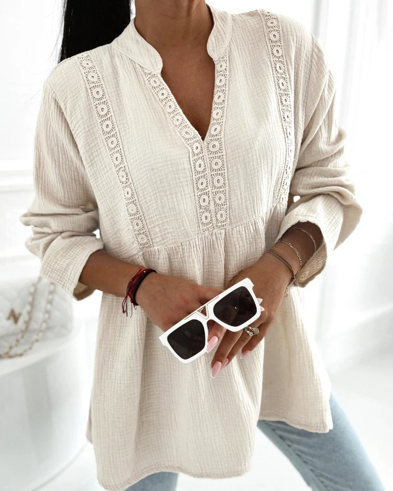 Solid color lace V-neck long sleeved top for women in spring and summer, thin cotton and linen top, elegant and casual style
Solid color lace V-neck long sleeved top for women in spring and summer, thin cotton and linen top, elegant and casual style