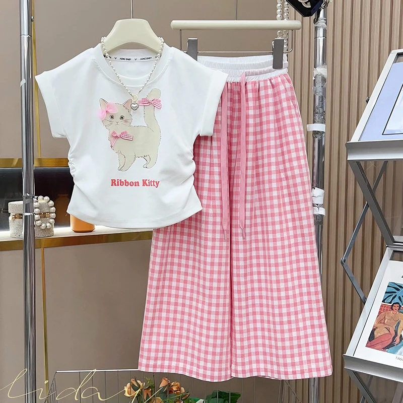 Girls' Summer Outfit with Bow and Cat Print Short Sleeve Plaid Pants Children's Summer Clothing2026New stylish lightweight summe
Girls' Summer Outfit with Bow and Cat Print Short Sleeve Plaid Pants Children's Summer Clothing2026New stylish lightweight summe
