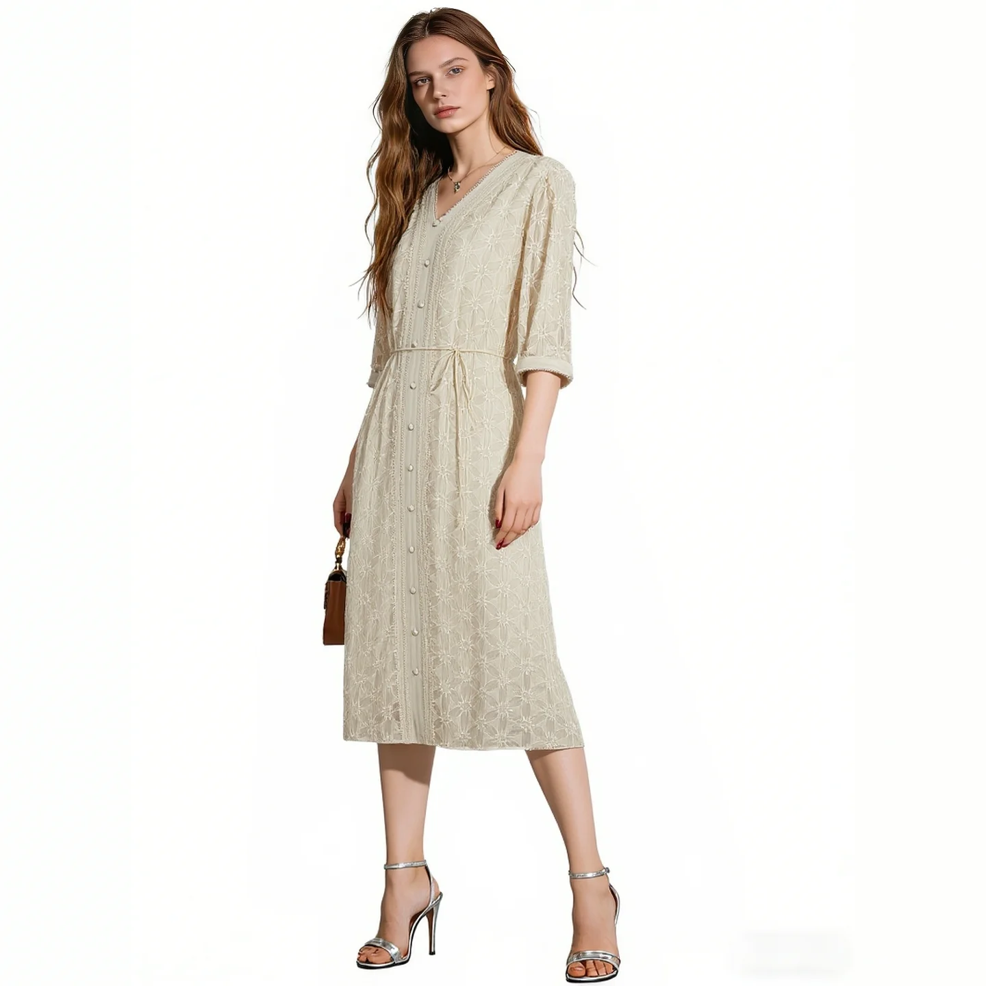 Elegant Apricot Lace Midi Dress for Women 2026 - V Neck Half Sleeve Tie Waist Floral Embroidery Casual Party Dresses
Elegant Apricot Lace Midi Dress for Women 2026 - V Neck Half Sleeve Tie Waist Floral Embroidery Casual Party Dresses