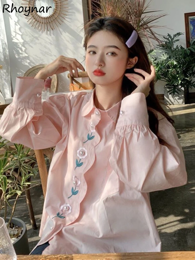 Рубашки с вышивкой, женские однотонные, милые, свободные, весенние, универсальный дизайн, корейский стиль, шикарная, элегантная, повседневная, Kawaii, уличная одежда для девочек, новинка 
Рубашки с вышивкой, женские однотонные, милые, свободные, весенние, универсальный дизайн, корейский стиль, шикарная, элегантная, повседневная, Kawaii, уличная одежда для девочек, новинка