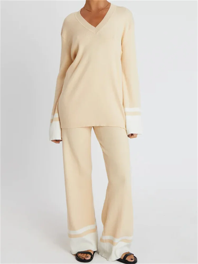 CHRONSTYLE Elegant Women Knitted Pants Suits Contrast Color Long Sleeve V-neck Sweaters Wide Leg Pants Spring Fall Outfits 2023
CHRONSTYLE Elegant Women Knitted Pants Suits Contrast Color Long Sleeve V-neck Sweaters Wide Leg Pants Spring Fall Outfits 2023