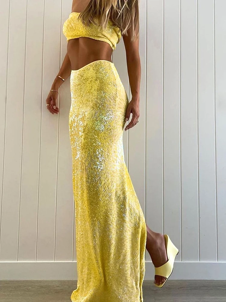 Cutenew Simple Sequined Shiny Women 2 Pice Set Summer Holiday Matching Outfits Elastic Mini Tanks+Straight Skinny Maxi Skirts
Cutenew Simple Sequined Shiny Women 2 Pice Set Summer Holiday Matching Outfits Elastic Mini Tanks+Straight Skinny Maxi Skirts