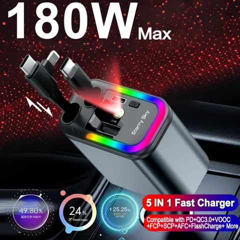 Caricatore per telefono per auto retrattile 180W 5 in 1 Luce cielo stellato RGB per telefono PD/QC3.0/SCP/VOOC/FlashCharge/AFC/FlashCharge Protocols