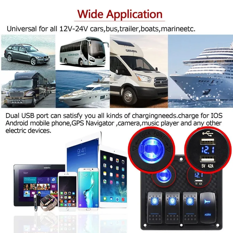 4-местная панель переключателей с двумя зарядными устройствами USB 4,2 А и прикуривателем, концентратором питания для автомобиля и автофургона
4-местная панель переключателей с двумя зарядными устройствами USB 4,2 А и прикуривателем, концентратором питания для автомобиля и автофургона
