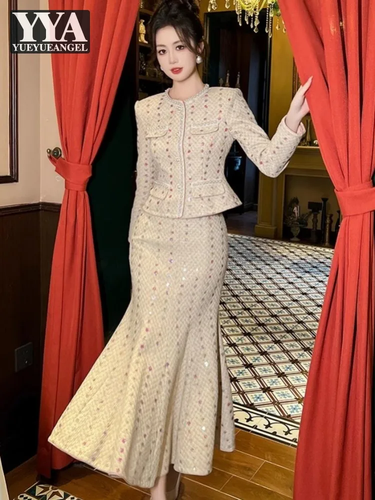 Elegant Two Piece Set Office Ladies Fashion Sequined Tweed Short Jacket High Waist Wrap Mermaid Skirt Women Matching Set Outfit
Elegant Two Piece Set Office Ladies Fashion Sequined Tweed Short Jacket High Waist Wrap Mermaid Skirt Women Matching Set Outfit