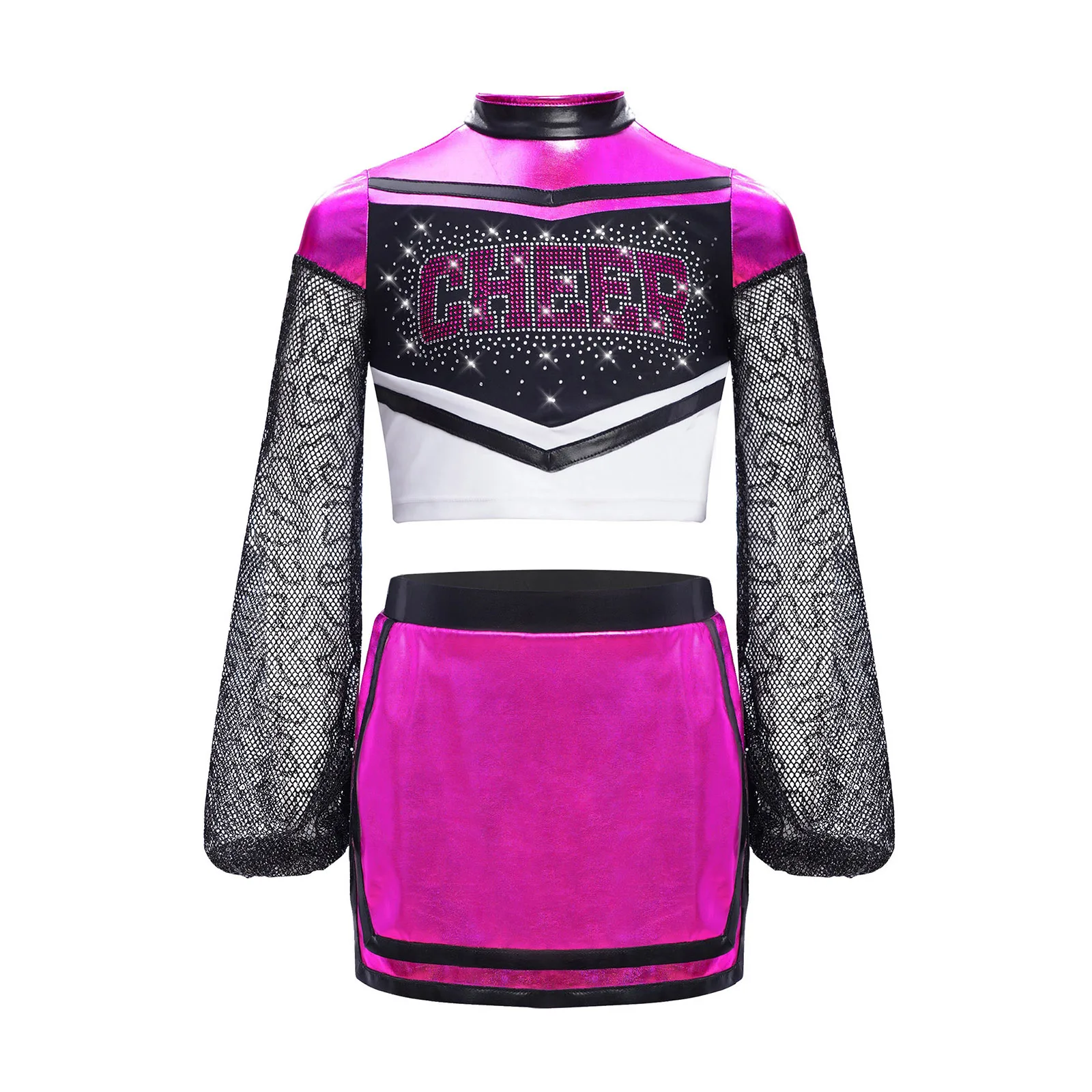 Girls Cheerleading Uniform Sparkly Rhinestone Crop Top with Mesh Sleeves And Built In Shorts for Campus Activities Competition
Girls Cheerleading Uniform Sparkly Rhinestone Crop Top with Mesh Sleeves And Built In Shorts for Campus Activities Competition
