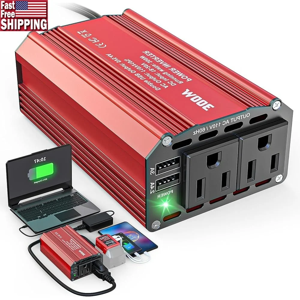300W Power Inverter DC 18V to AC 110V Adapter with 2 AC Outlets 3 USB Ports Battery Charging Camping Vehicle Power
300W Power Inverter DC 18V to AC 110V Adapter with 2 AC Outlets 3 USB Ports Battery Charging Camping Vehicle Power