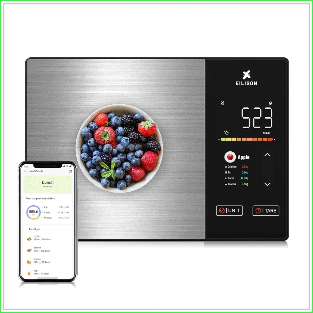 Smart Kitchen Scale with Nutrition Calculator, Digital Food Scale, Large TFT Color Display, Bluetooth App for 999+ Foods, Calorie Counter & 24 Nutrients Analyzer, 5000g Capacity
Smart Kitchen Scale with Nutrition Calculator, Digital Food Scale, Large TFT Color Display, Bluetooth App for 999+ Foods, Calorie Counter & 24 Nutrients Analyzer, 5000g Capacity