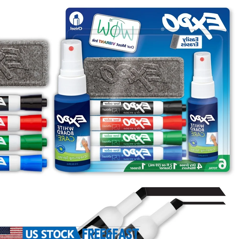 Dry Erase Markers Set with Eraser and Cleaner Spray 6 Count Low Odor Chisel Tip Markers Whiteboard Glass and Acrylic
Dry Erase Markers Set with Eraser and Cleaner Spray 6 Count Low Odor Chisel Tip Markers Whiteboard Glass and Acrylic