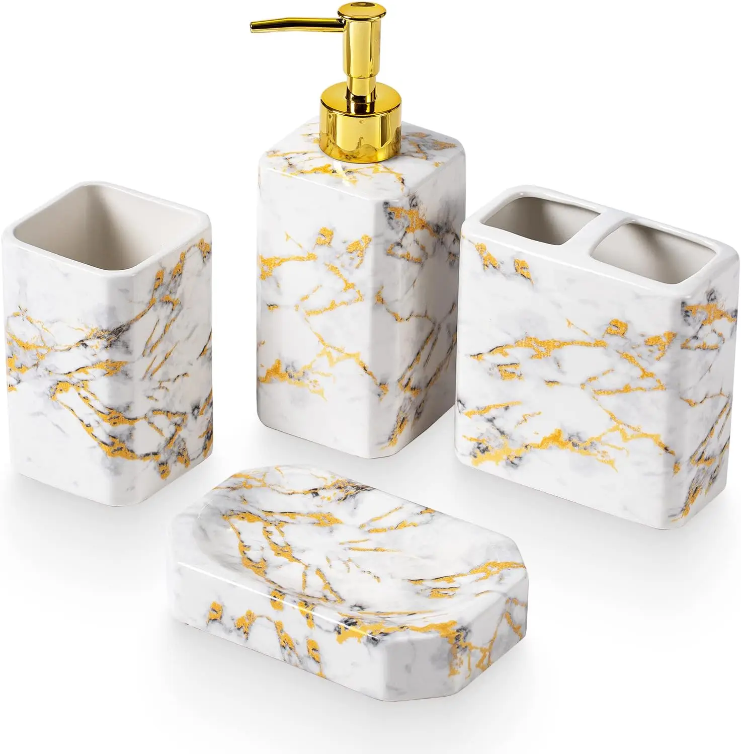 4-Piece White Bathroom Set with Lotion Dispenser, Toothbrush Holder, Soap Dish - Glossy Marble Finish
4-Piece White Bathroom Set with Lotion Dispenser, Toothbrush Holder, Soap Dish - Glossy Marble Finish