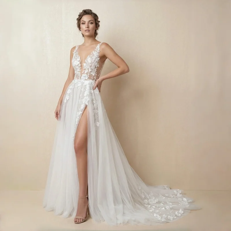 Deep V Neck Lace Appliques Boho Wedding Dress With Slit Floral Embroidered Evening Gowns Customizable
Deep V Neck Lace Appliques Boho Wedding Dress With Slit Floral Embroidered Evening Gowns Customizable