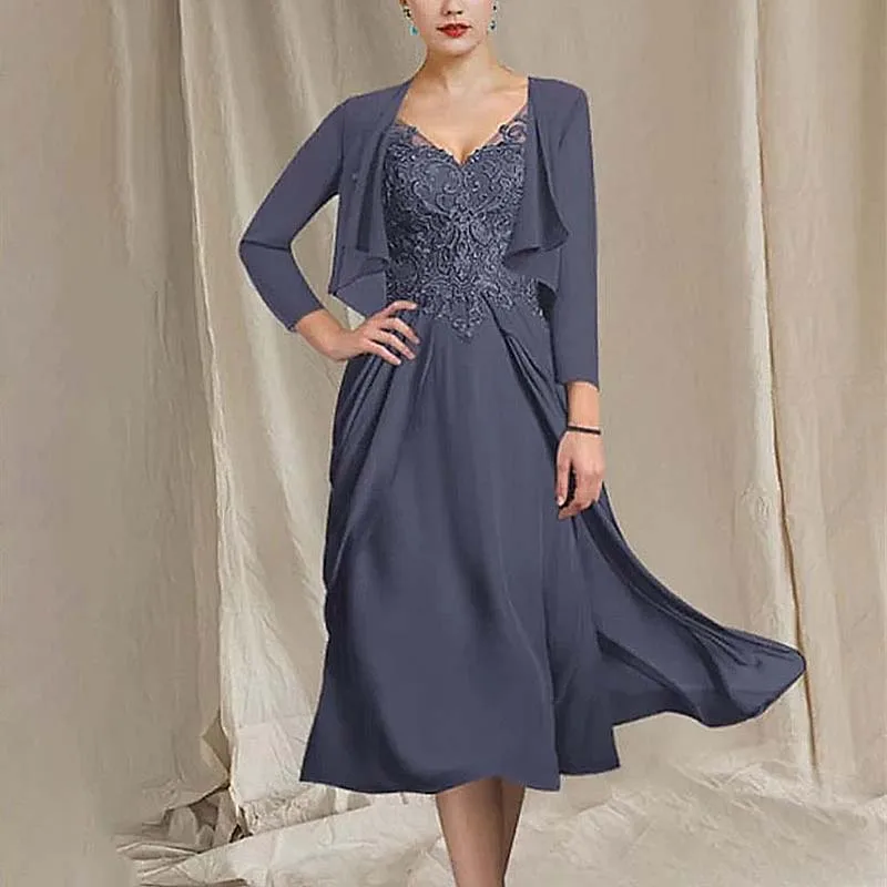Elegant 2 Pieces Mother of the Bride Dress Chiffon Appliques V-Neck Tea Length Wedding Guest Party Skirt for Women 2023 Evening
Elegant 2 Pieces Mother of the Bride Dress Chiffon Appliques V-Neck Tea Length Wedding Guest Party Skirt for Women 2023 Evening