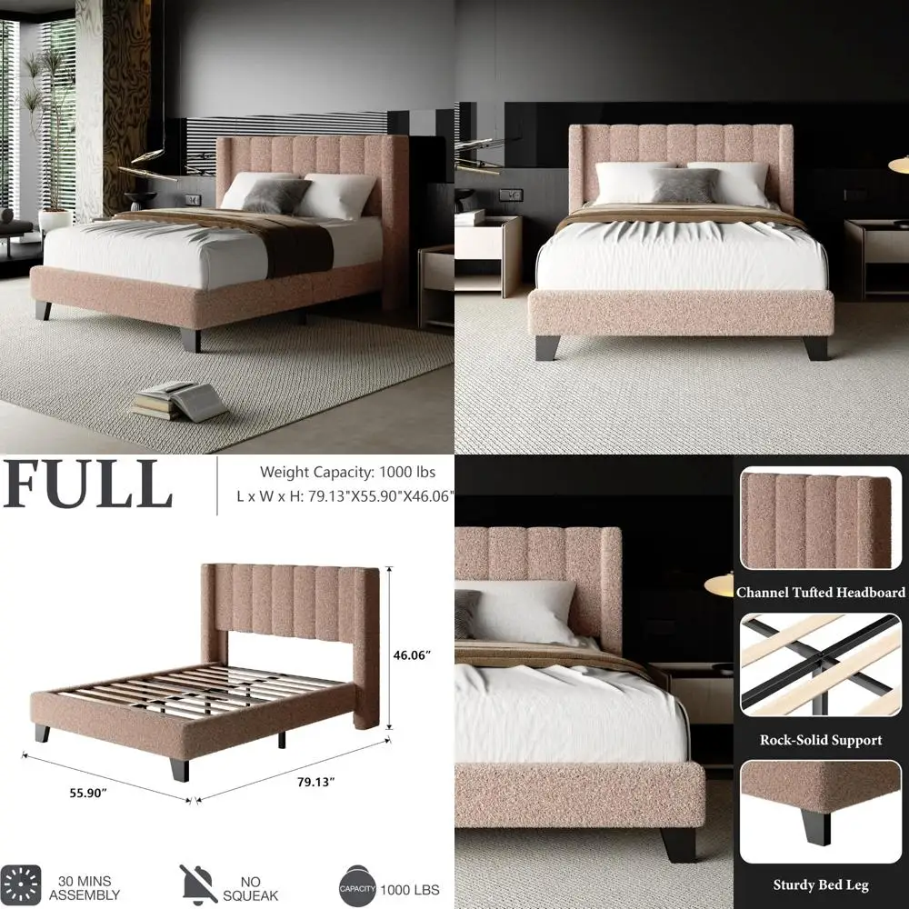 Upholstered Platform Bed Frame with Teddy Velvet Headboard and Wooden Slat Support
Upholstered Platform Bed Frame with Teddy Velvet Headboard and Wooden Slat Support