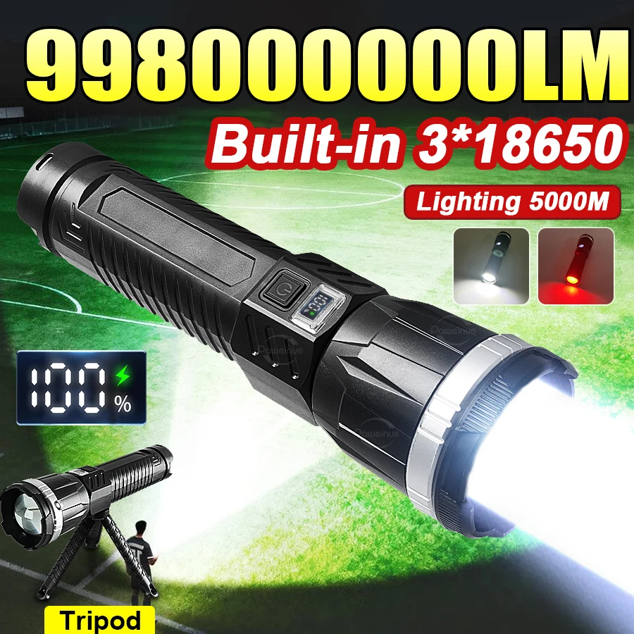 998000000LM Most Powerful Torch Light Built-in 3*18650 High Brightness LED Flashlight Rechargeable Camping Lantern With COB Lamp
998000000LM Most Powerful Torch Light Built-in 3*18650 High Brightness LED Flashlight Rechargeable Camping Lantern With COB Lamp