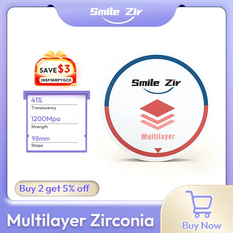 smile_zir Dental Multilayer Zirconia Disk Disc Block for Open CAD/CAM System 98mm Vita 16 Colors Dental Lab Dentistry Material
smile_zir Dental Multilayer Zirconia Disk Disc Block for Open CAD/CAM System 98mm Vita 16 Colors Dental Lab Dentistry Material
