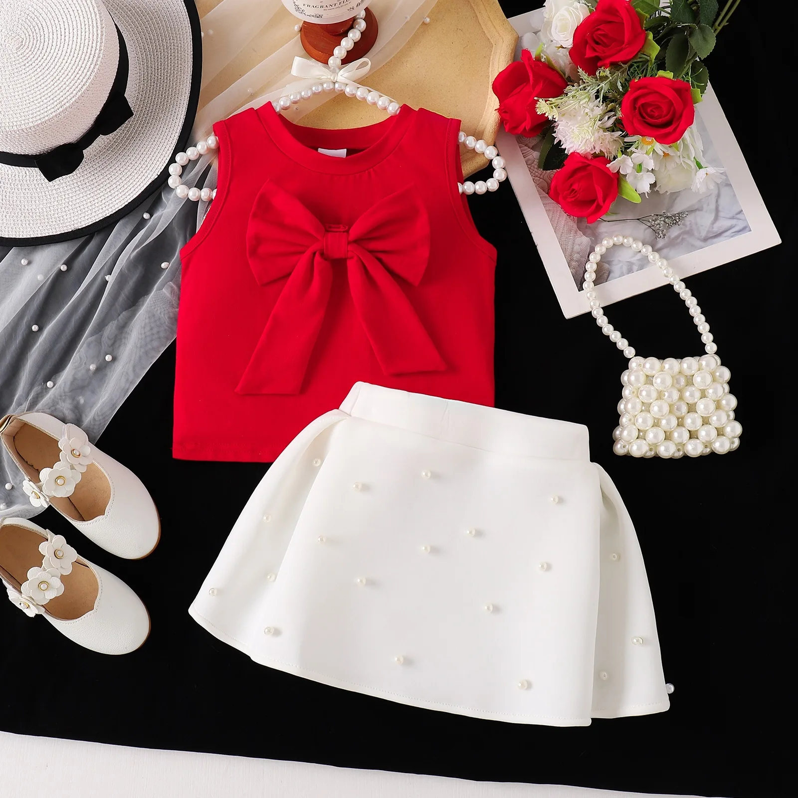New Arrival Toddler Girl Stereo Bow Red Tank Top, White Short Skirt Two Piece Suit, Children Fashion Princess Casual Wear
New Arrival Toddler Girl Stereo Bow Red Tank Top, White Short Skirt Two Piece Suit, Children Fashion Princess Casual Wear