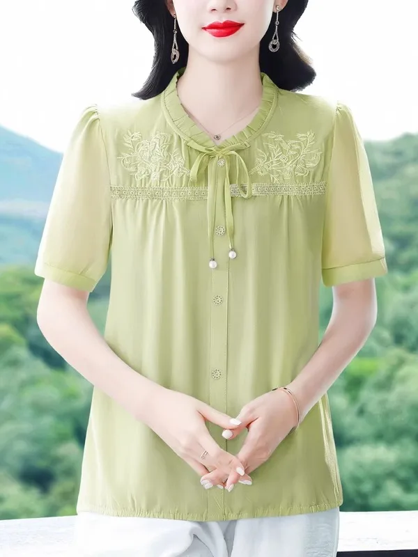 Green Embroidered Short Sleeve Shirt Women's Commute Style Summer New Korean Version Stand Collar Blouse Regular Fit Polyeste...
Green Embroidered Short Sleeve Shirt Women's Commute Style Summer New Korean Version Stand Collar Blouse Regular Fit Polyeste...
