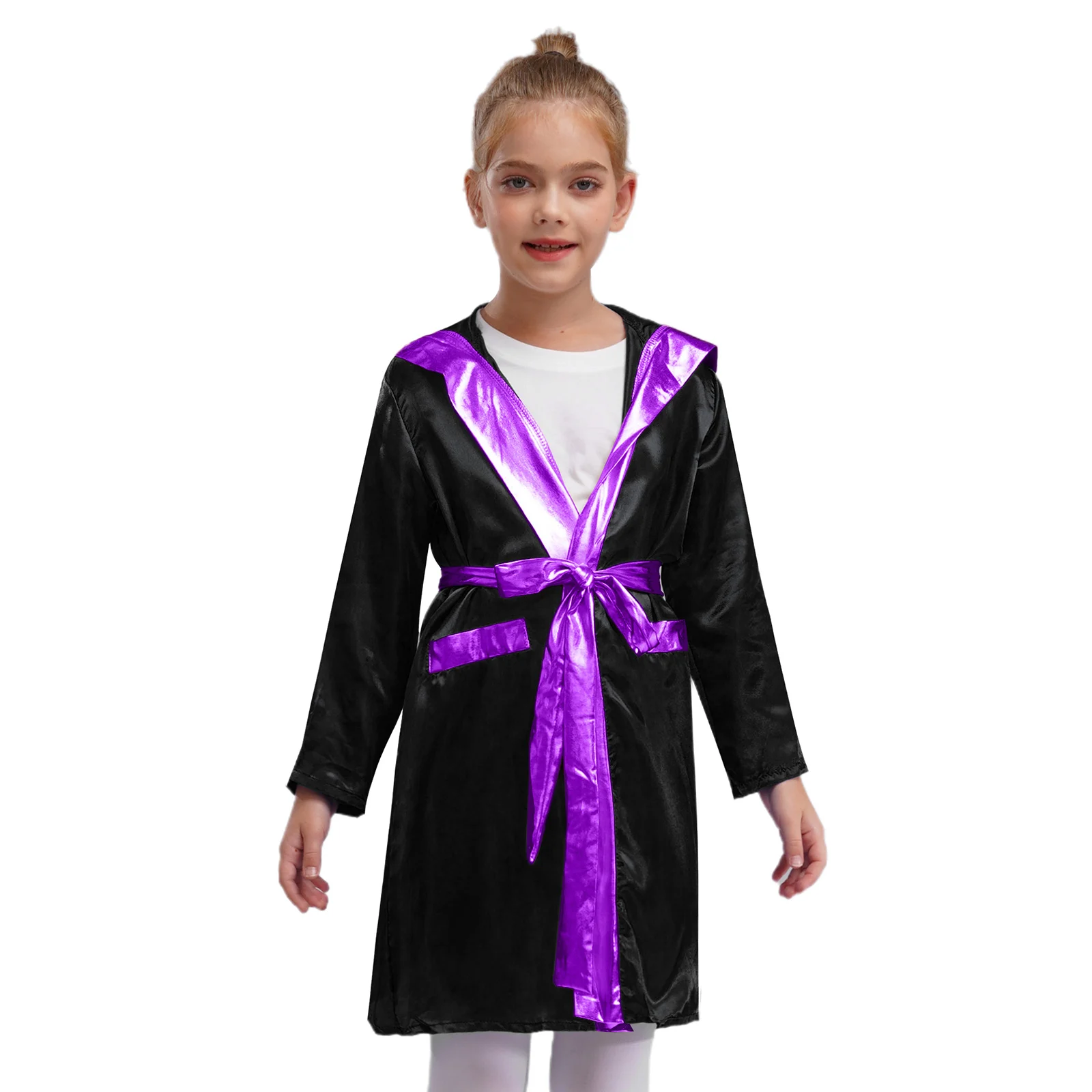 Kids Boys Girls Boxing Match Hooded Robe Thai Kickboxing Cosplay Costume Open Front Metallic Trim Satin Hooded Cloak with Belt
Kids Boys Girls Boxing Match Hooded Robe Thai Kickboxing Cosplay Costume Open Front Metallic Trim Satin Hooded Cloak with Belt