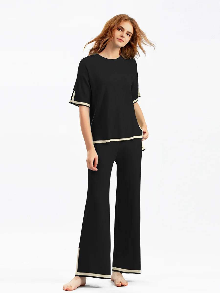 New Fashion Suit with Contrasting Color Slit Short-sleeved Sweater + High-waist Slimming Wide-leg Trousers Two-piece Set
New Fashion Suit with Contrasting Color Slit Short-sleeved Sweater + High-waist Slimming Wide-leg Trousers Two-piece Set