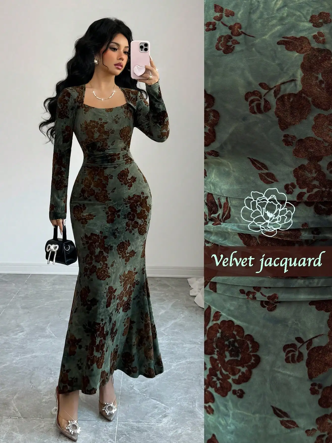 Women's Olive Green Velvet Jacquard Square Neck Fishtail Bodycon Dress
Women's Olive Green Velvet Jacquard Square Neck Fishtail Bodycon Dress