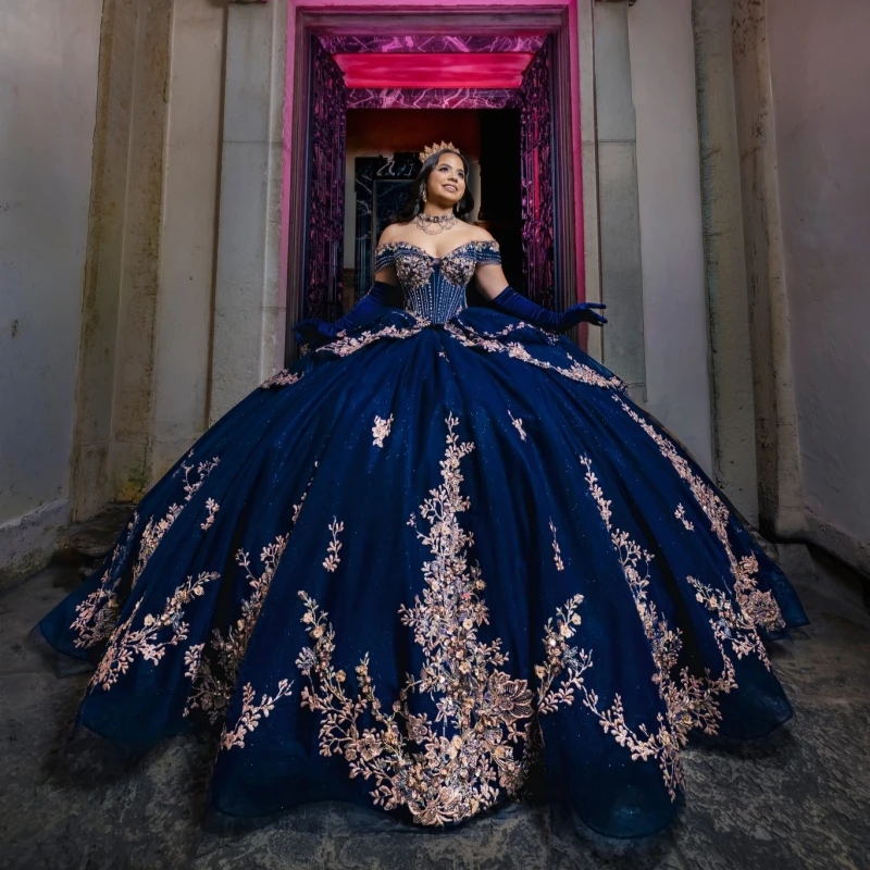 Navy Blue Shiny Ball Gown Quinceanera Dresses Gold Applique lace Beading Crystal Bow Tiered Tull Corset Off The Shoulder Sweet
Navy Blue Shiny Ball Gown Quinceanera Dresses Gold Applique lace Beading Crystal Bow Tiered Tull Corset Off The Shoulder Sweet